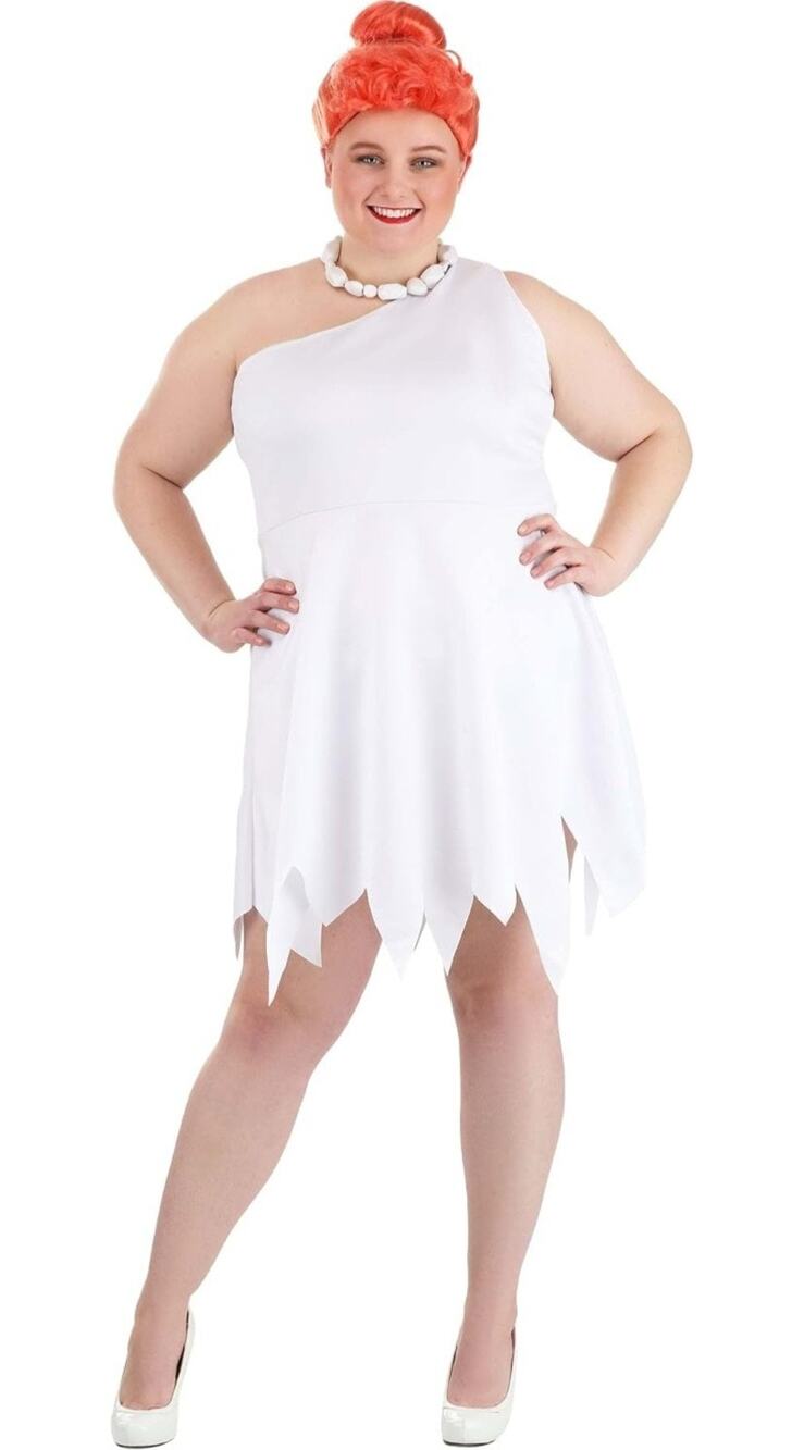Women’s Flintstones Stone Age Cavewoman White Dress Costume w/ Necklace Plus 3X